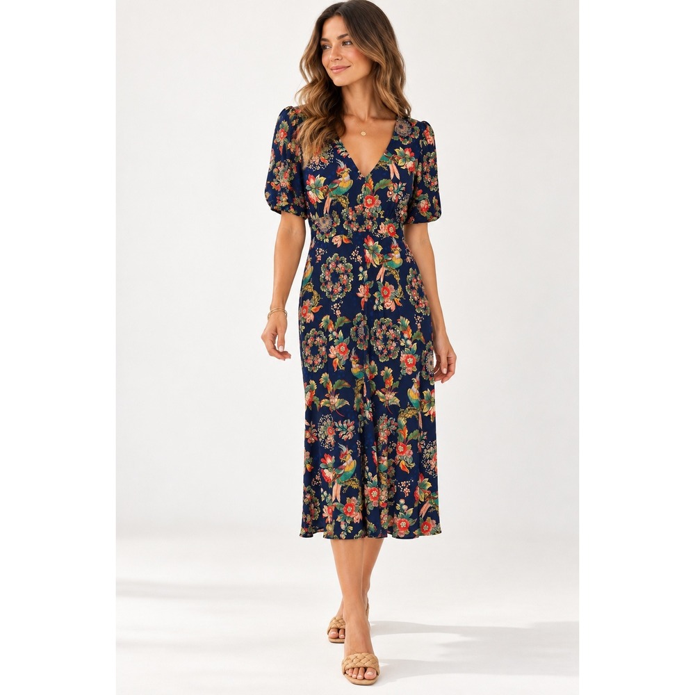 Desigual Navy Blue Tropical Parrot Floral V-Neck Midi Dress Slinky Unique XL
